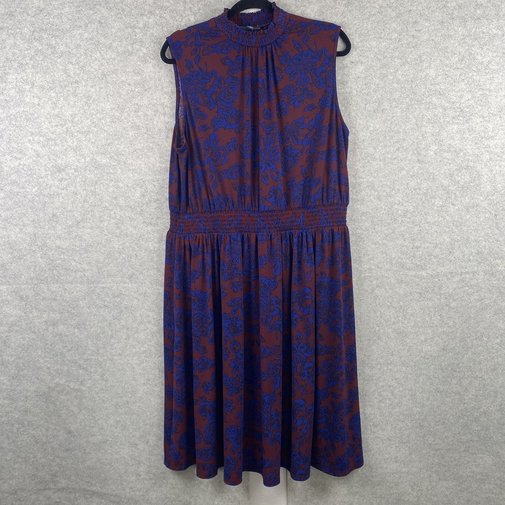 ModCloth Dress Womens 2X Red Blue Floral Mock Neck Sleeveless Fit Flare Midi